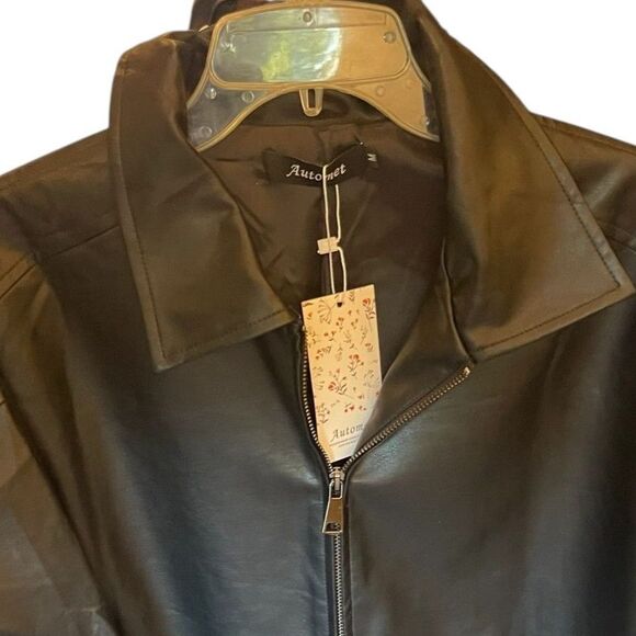 Automet Womens Black Faux Leather Bomber Jacket Sz M Zip Up Minimalist Modern - Picture 5 of 14